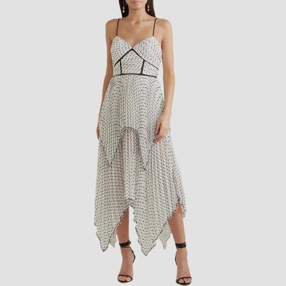 Self-Portrait White Black Swiss Dot Pleated Chiffon Midi Dress Sz 4 Asymmetrical - Picture 1 of 15